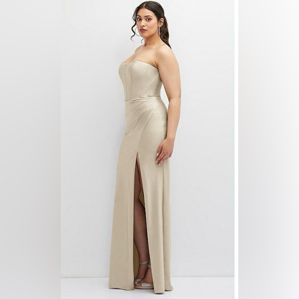 Strapless Stretch Satin Corset Dress with Draped Column Skirt